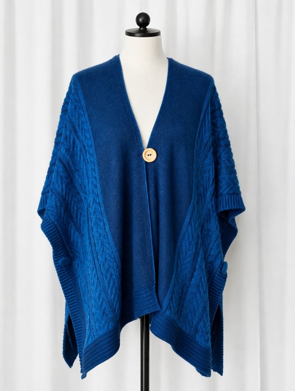 Simply Natural Trenza Capa Baby Alpaca Wool Blue Cable Knit Sweater Cape Poncho